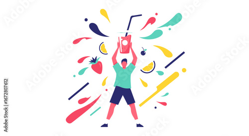 Energetic Individual Celebrating Refreshing Drink with Bursting Colorful Elements