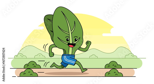 Energetic Leaf Character Sprinting Outdoors During A Sunny Day With Joyful Expression