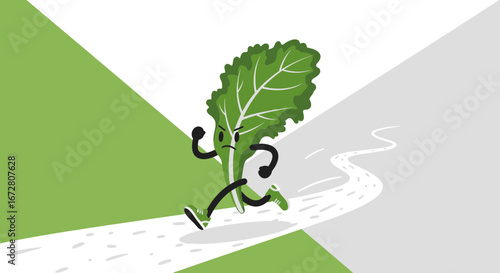 Energetic Leaf Character Sprinting On A Trail Towards Health and Fitness Goals