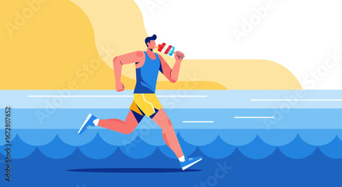 Energetic Man Embracing Refreshment While Running Near Water's Edge On Sunny Day