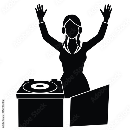Young woman djing with hands raised disc jockey music