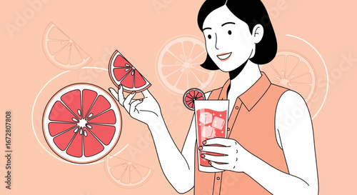 Delightful Woman Enjoying Fresh Grapefruit Juice with Vibrant Fruit Element