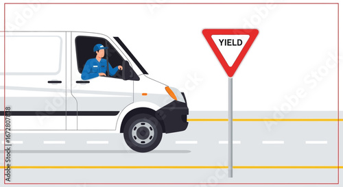 Delivery Driver Approaching Yield Sign On Road, Ready For Action Or Giving Right Of Way