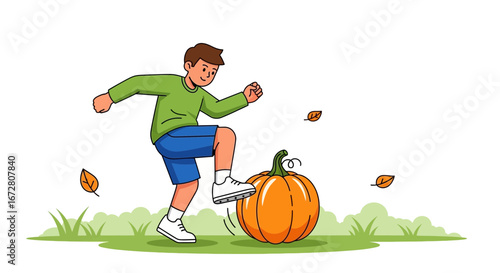 Energetic Youth Kicking Orange Pumpkin In An Illustrative Seasonal Outdoor Autumnal Scene