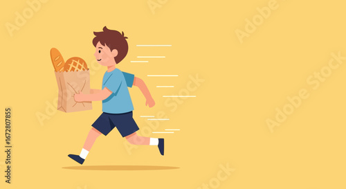 Energetic Young Lad Hastily Delivering Bread, Symbolizing Fast Food Procurement and Convenience