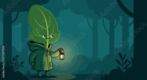 Enigmatic Leaf Creature Navigating an Enchanted Forest at Twilight with a Lantern