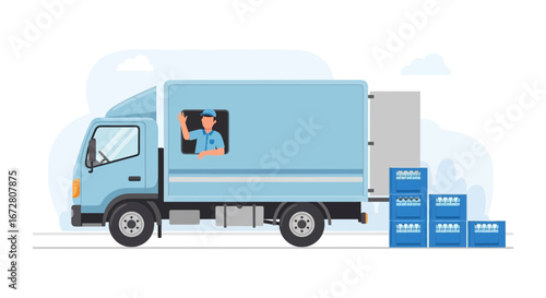 Delivery Driver Waving from Truck, Illustrating Logistics and Transportation of Goods