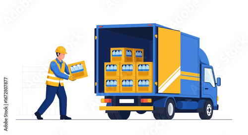 Delivery Driver Unloading Mineral Water Crates From A Blue And Yellow Transport Truck