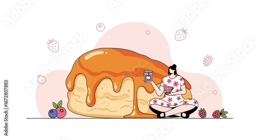 Enjoyable Breakfast Scene with a Delicious Caramel Dessert and Fresh Berries