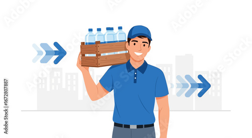 Delivery Man Carrying Water Bottles in Wooden Crate on Shoulder for Transport to Clients