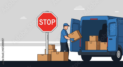 Delivery Stopped Due To Stop Sign With Van And The Delivery Person Unloading Packages