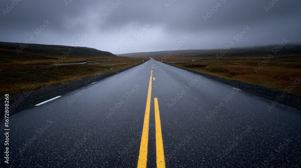 Fototapeta premium Moody overcast sky over an expansive empty roadway with atmospheric depth. 