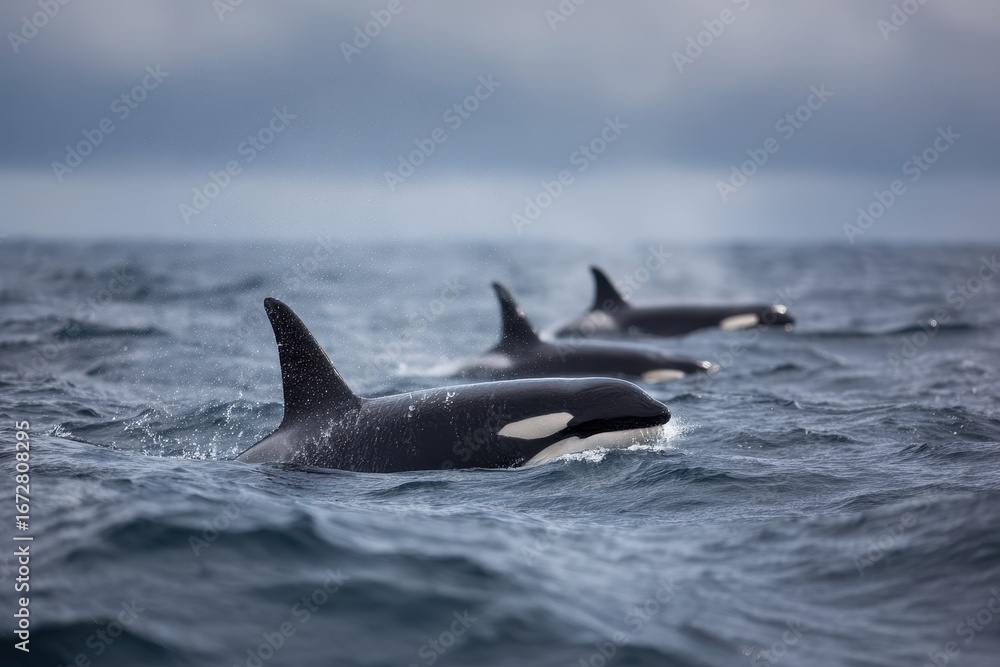 Naklejka premium Female orcas breaching in the sea near Andenes Norway captured in bright cloudy conditions