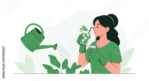 Enjoying Freshly Made Drink After Gardening And Nurturing Greenery In Summer
