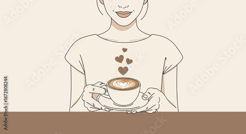 Enjoying Loving Coffee Art: Woman Holding Latte with Heart Design, Relaxing Moments