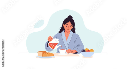 Enjoying Morning Ritual: A Woman Pours Tea While Dining at a Table with Fruits