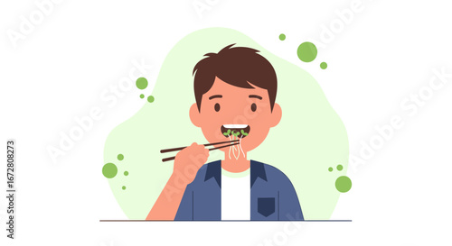Enjoying Noodle, Eating with Chopsticks, Cartoon Illustration, Healthy Eating Concept