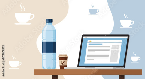 Digital Workspace: Laptop, Coffee, Water Bottle, Illustrating A Modern Work Environment