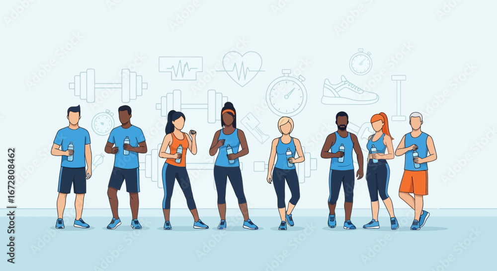 Obraz premium Diverse Group Demonstrates Vitality with Hydration and Wellness Imagery Illustrative Concepts