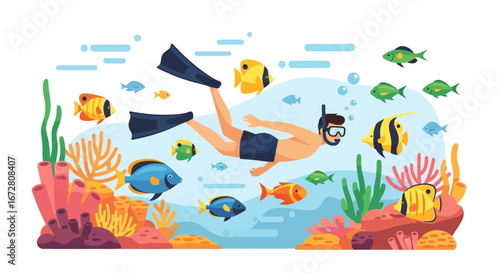 Diver Explores Underwater World Surrounded By Various Colorful Marine Life Forms