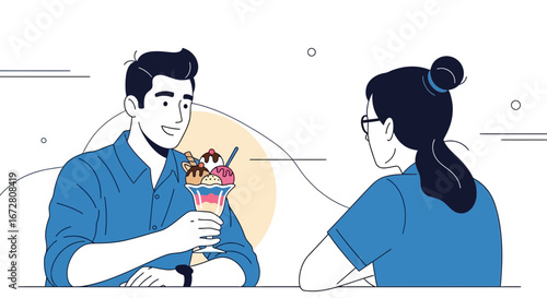 Enjoying Sweet Moments Man Offers Ice Cream Sundae To Woman In Cafe