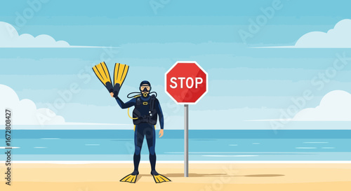 Diver Standing Near a Stop Sign Indicating Possible Diving Area Restriction