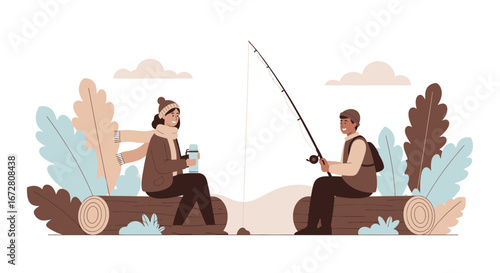 Enjoying The Day: Couple Fishing And Relaxation, On A Log, At A Peaceful Spot