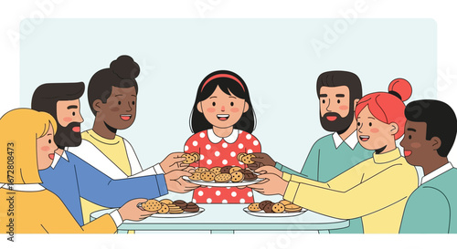 Diverse People Share Cookies At The Table Celebration Meeting Vector Illustration
