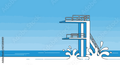 Diving Platform Illustration in Blue Water with Splashes, Great For Summer Concepts Design