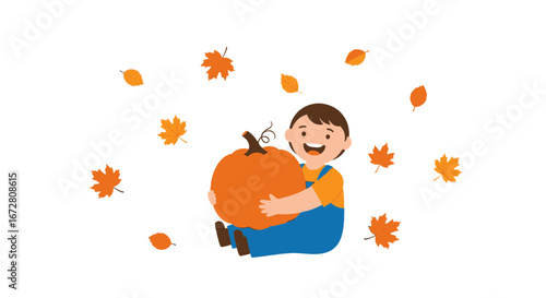 Enthusiastic Child Joyfully Embracing a Huge Pumpkin Surrounded by Falling Autumn Leaves