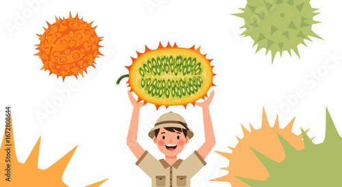 Enthusiastic Explorer Showcasing Slice Of Kiwano Fruit, Depicting Its Interior Elegance