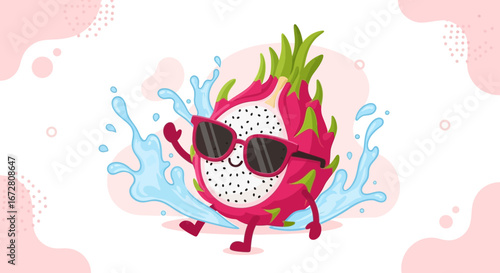 Dragon Fruit Character Enjoying Summer With Sunglasses, Pink Aesthetic Background