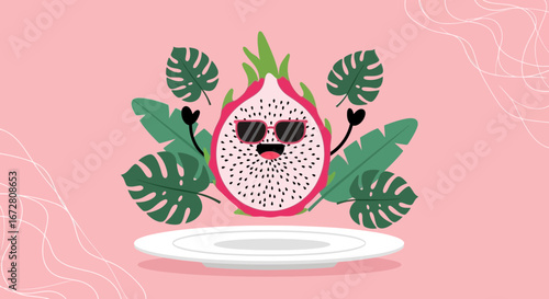 Dragon Fruit Character Wearing Sunglasses and Green Leaves Over Plate, Pink Background