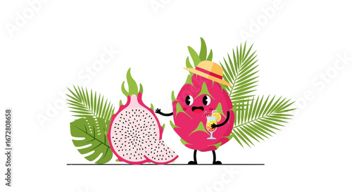 Dragon Fruit Characters Enjoying Tropical Drinks And The Sunny Summer Vibes