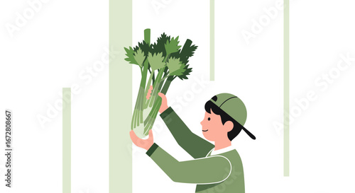 Enthusiastic Individual Holding Fresh Celery Stalks in a Modern Artistic Depiction