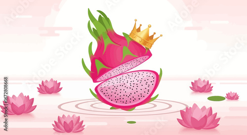 Dragon Fruit King Royalty, Royal Illustration, Exotic Pitaya Fruit, Lotus Flowers, Pink Background