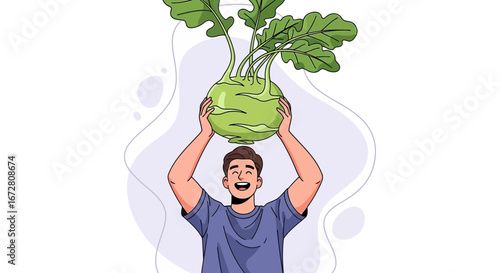 Enthusiastic Individual Displays A Freshly Harvested Kohlrabi Root Vegetable With Pride