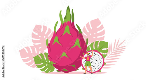 Dragon Fruit Illustration With Tropical Foliage And A Happy Person Celebrating Summer