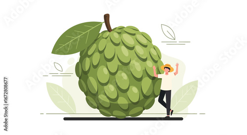 Enthusiastic Gardener Admiring a Gigantic Custard Apple Fruit, Vector Style Illustration