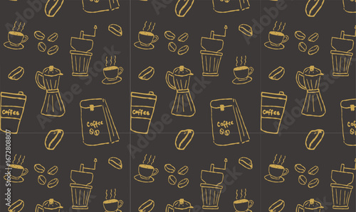 Seamless coffee pattern illustration on dark brown background featuring moka pots, beans, bags, and coffee cups. Perfect for packaging, café branding, wallpapers, and textile designs.