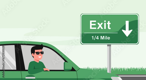 Driver Approaching Exit Sign Indication Quarter Mile Distance For Motorway Off-Ramp, Transportation