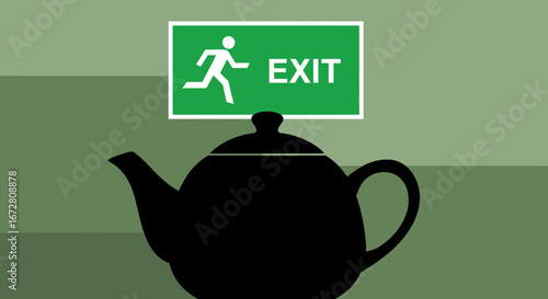 Escape From The Ordinary: A Whimsical Teapot And Urgent Exit Sign Combination
