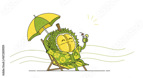 Durian Enjoying Vacation on Beach, Relaxing Under Umbrella with Tropical Cocktail