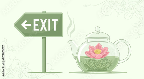 Escape To A Calming Beverage With Floral Tea And A Pathway Sign
