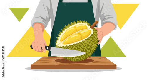 Durian Fruit Illustration Depicting Person Cutting Open Exotic Fruit on Wooden Surface