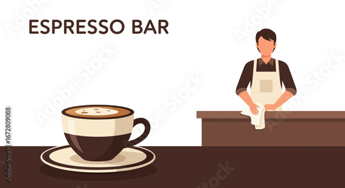 Espresso Bar Scene Featuring Coffee Cup and Barista in A Clean Professional Setting