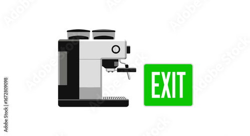 Espresso Machine Next To Green Exit Sign In Modern Minimalist Style