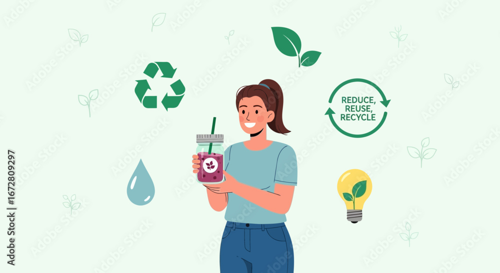 Fototapeta premium Eco-Friendly Lifestyle Depicted With Girl Holding Beverage Promoting Sustainability