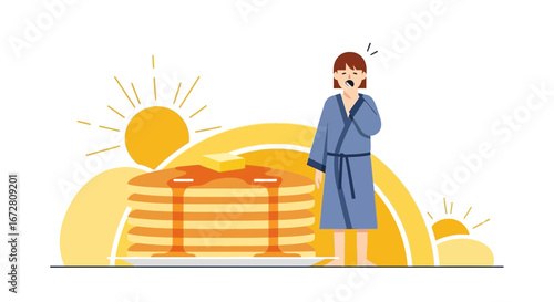 Early Morning Yawning with Pancakes, Sunrise and Breakfast Illustration, A Fresh Start