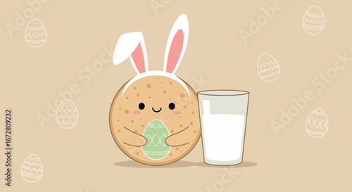 Easter Treat: Adorable Bunny Cookie with Easter Egg and Glass of Milk Delight